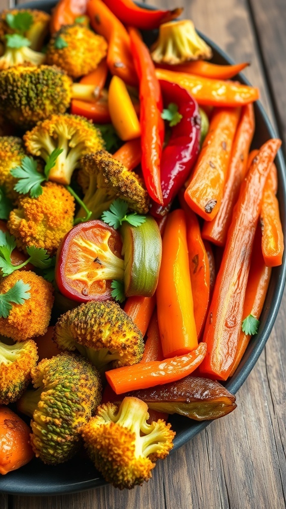 A colorful medley of crispy roasted vegetables including broccoli, bell peppers, and carrots, garnished with parsley on a wooden table.